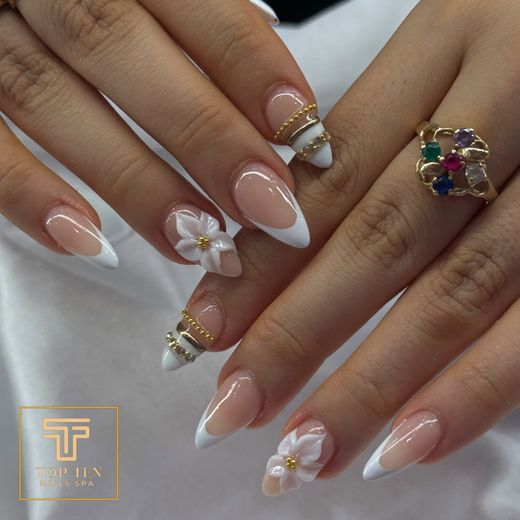 French tip nails with flower accents, nails by Jay at Top Ten Nails Spa