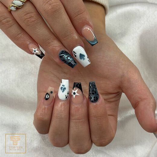 Black and white card-suit nail art set, nails by Zoey at Top Ten Nails Spa