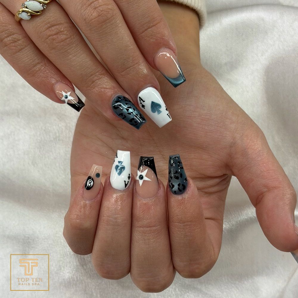 Black and white card-suit nail art set, nails by Zoey at Top Ten Nails Spa